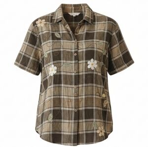 ♻️Bobbie Brooks Plaid Embroidered Floral Button Front Shirt L 100% Cotton